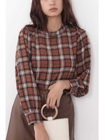 ハイネックチェックブラウス/ブラウン×ネイビー1(051)