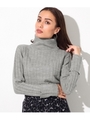 ハイネックワイドリブ袖折返しバルキーニット/グレー(006)