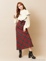 ベルト付チェックタイトスカート/レッド