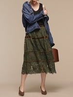ベルベット切替レーススカート/カーキ
