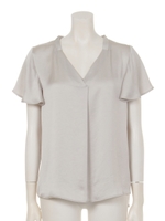 ヴィンテージサテンVネックフレアスリーブブラウス/グレージュ