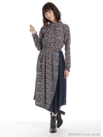 花柄プリーツ切替ワンピース/ブルー