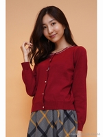 衿ぐりビジューカーディガン/ワイン