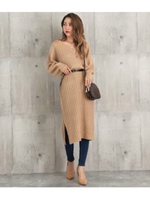 Vネック厚手リブニットワンピース/モカ(016)