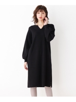 【WEB限定サイズあり】キーネックニットワンピース/ブラック(019)