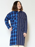【チャイハネ】チェック×ストライプ旅人風MEN'Sロングシャツ/ブルー