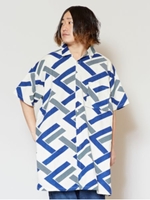 【チャイハネ】和モダン幾何学柄MEN'Sビッグシルエットシャツ/ホワイト