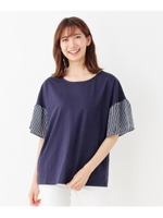 【汗染み防止】ストライプフレアスリーブカットソー/ネイビー(093)