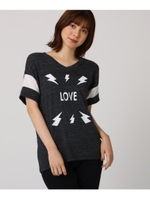 【洗える】スリーブ配色スラブプリントTシャツ/ダークグレー(113)