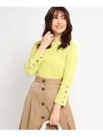 【洗える】ボタン袖コットンリリーケーブルニット/レモンイエロー(031)