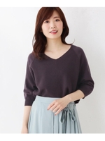 【大きいサイズあり・13号・15号】Vネック切り替え七分袖ニットプルオーバー/チャコールグレー(014)