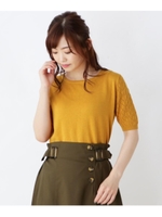 【大きいサイズあり・13号・15号】透かし編み5分袖プルオーバー/マスタード(033)