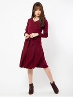 ウエストスモッキングフレアワンピース/ボルドー