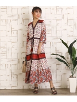 エスニック花柄シャツワンピース/レッド(025)