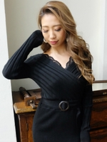 カシュクールリブニットトップス/BLK