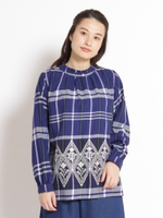 コットンビエラチェック　フラワー幾何学ジャカードフリルブラウス（花柄）/ネイビー