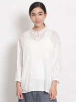 コットンローン　ブーケパターンレースフリルカラーブラウス/ホワイト