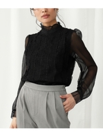 シフォンハイネックフロントフリルデザインブラウス/ブラック(027)