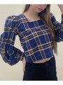 スクエアネックチェックTOPS/ブルー