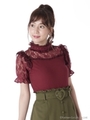 スタンドフリルパフスリーブカットソー/ワイン