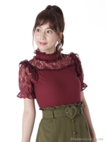 スタンドフリルパフスリーブカットソー/ワイン