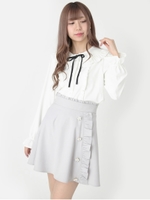 パールボタンサイドフリルスカート/ブルー