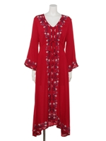 フラワーシシュウロングワンピース/レッド