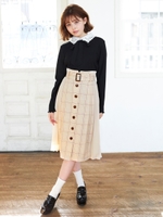 プリーツ切替チェック柄ミディスカート/ベージュ/チェック