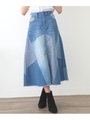 リメイク風配色パッチワークAラインデニムロングスカート/ライトブルー