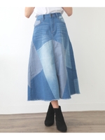 リメイク風配色パッチワークAラインデニムロングスカート/ライトブルー