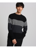 ローゲージ パネルボーダー クルーネックニット/ブラック(419)