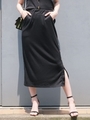 ワイドリブサイドボタンナロースカート/ブラック