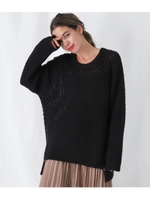 裾ジップケーブル編みクルーネックトップス/ブラック(027)