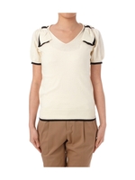 肩リボン配色パフ袖ニット