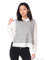 ワッフルボーダー衿付プルオーバー