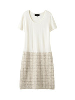 [L]異素材切り替え丸首半袖ワンピース/オフホワイト(003)