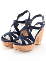 【REZOY】コルクワンヒールスエードストラップサンダル/ネイビースエード