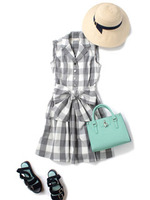 ギンガムチェックノースリシャツワンピース/ブラック