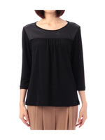 サテン切り替え七分袖カットソー/ブラック(019)