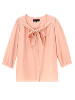 シルク混ボウタイ付き七分袖ブラウス/ピンク系(071)