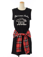 チェックスリーブ巻フレアワンピ/グレー