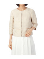 ツイード七分袖ノーカラージャケット/ライトブルー(491)