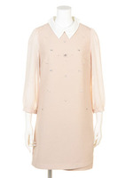 パーツとび衿付サックワンピース/ピンクベージュ