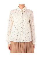 ヤシの木&インコ切り替えギャザーブラウス/ブラック(119)