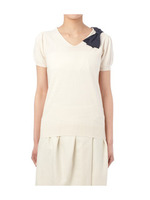 リボンつきVネックパフスリーブニット/オフホワイト(003)