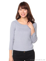 ワイドネックリブニットトップス/ブルー