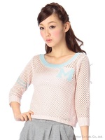 【Tralala】配色透かし編みニットプルオーバー/ブルー