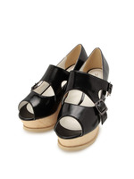 エナメルウッド調ウェッジサンダル/ブラック(019)