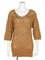 衿付キ透かし編みニットプルオーバー/キャメル