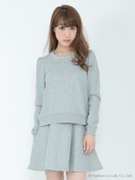 ビジュー裏毛コンビワンピース/ネイビー